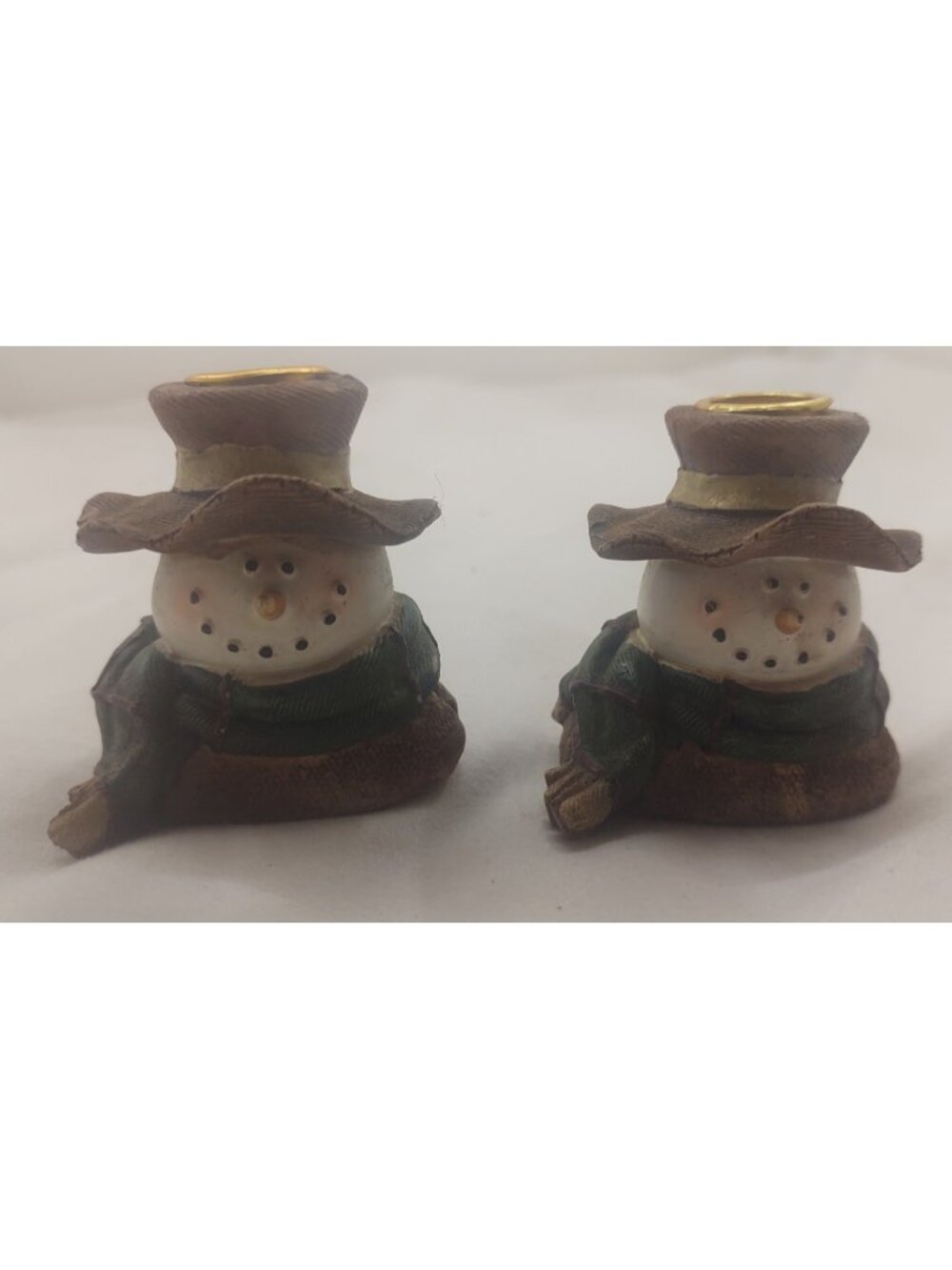 Pair Vintage Snowman Taper Candle Holders Resin Top Hat Holiday Mantel Decor Set